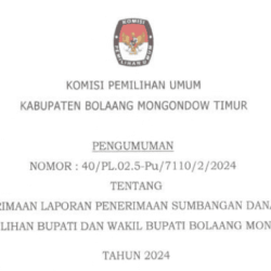 Hasil Peneriman Laporan Penerimaan Sumbangan Dana Kampanye Perbaikan Pemilihan Bupati dan Wakil Bupati Bolaang Mongondow Timur Tahun 2024