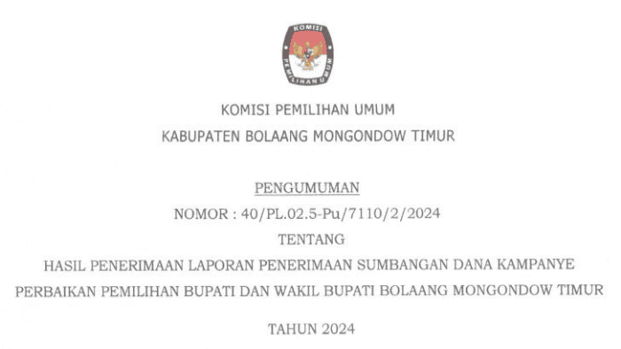 KPU Boltim Rilis Laporan Perbaikan Penerimaan Sumbangan Dana Kampanye Pilbup 2024