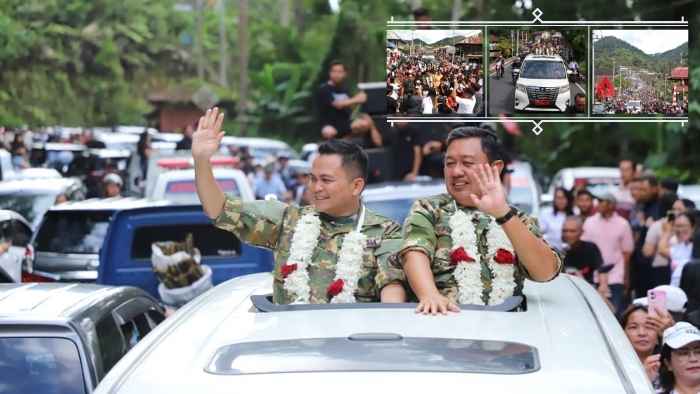Bupati Ronald Kandoli dan Wakil Bupati Fredy Tuda Disambut Meriah Ribuan Warga di Perbatasan Mitra-Minahasa