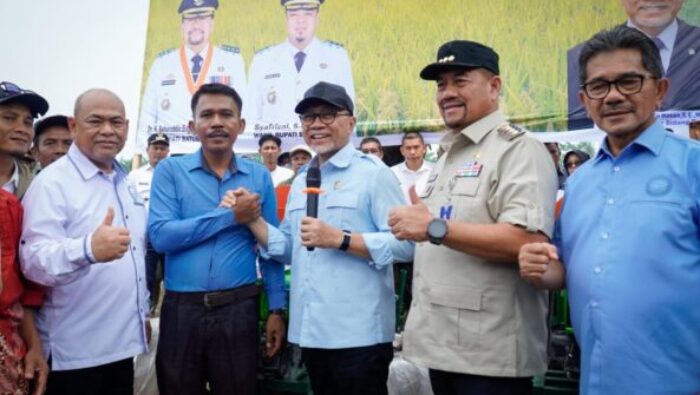 Bupati Batu Bara Baharuddin Siagian Dampingi Menko Pangan Zulhas Panen Padi di Sei Balai